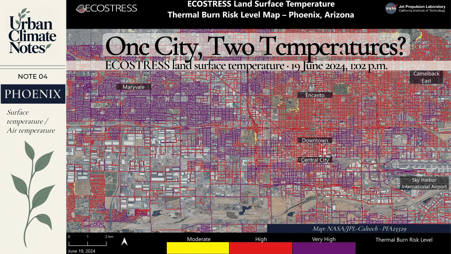 ECOSTRESS Phoenix thermal burn-risk map, 19 June 2024, with the original NASA legend, geographical labels and observation time.